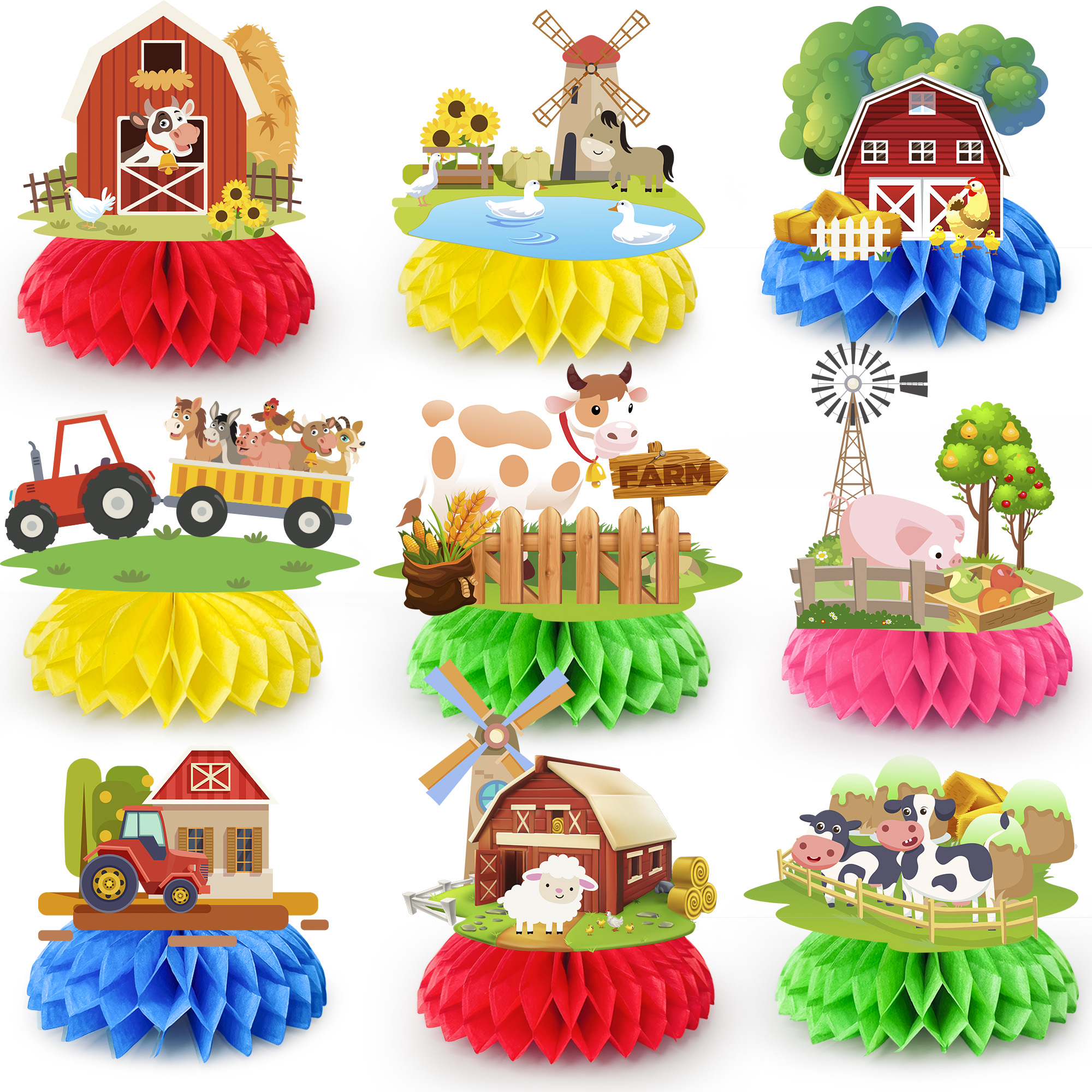 Farm Party Honeycomb Centerpieces - 9pcs Farm Centerpiece for Table,Farm Birthday Decorations \u0026 Farm Honeycomb Centerpieces for Farm Party Decorations